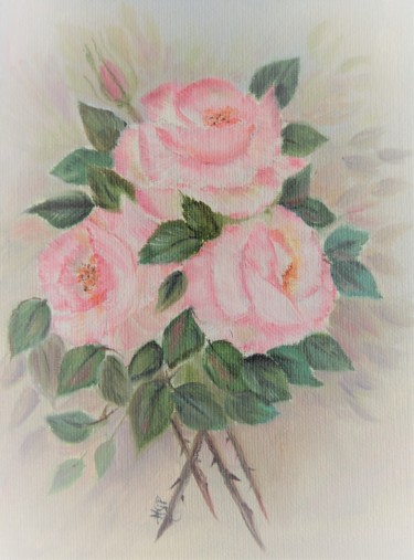 Schilderij getiteld "trois roses  huile…" door Patricia Hyvernat, Origineel Kunstwerk, Olie