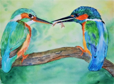 Pintura intitulada "Couple de martins p…" por Patricia Hyvernat, Obras de arte originais, Aquarela