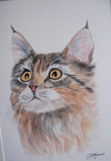 Painting titled ""tendresse"  - chat…" by Patricia Hyvernat, Original Artwork, Watercolor