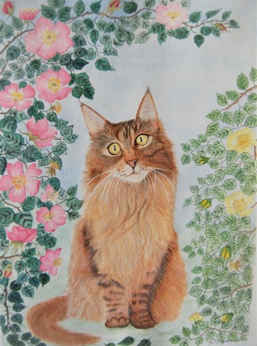 Pintura titulada "le rêveur- chat de…" por Patricia Hyvernat, Obra de arte original, Acuarela