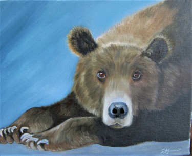 Painting titled "l'ours brun "Barney…" by Patricia Hyvernat, Original Artwork, Oil Mounted on Wood Stretcher frame