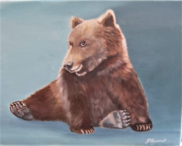Painting titled "l'ourson "Ben" - hu…" by Patricia Hyvernat, Original Artwork, Oil Mounted on Wood Stretcher frame