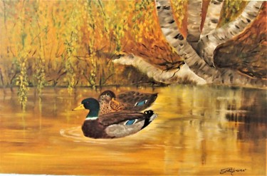 Painting titled "couple de canards c…" by Patricia Hyvernat, Original Artwork, Oil