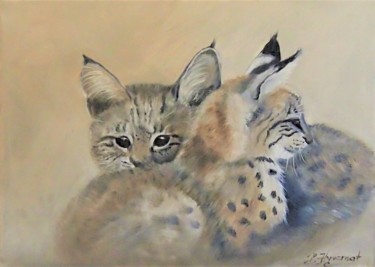 Painting titled "deux petits lynx -…" by Patricia Hyvernat, Original Artwork, Oil Mounted on Wood Stretcher frame