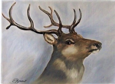 Painting titled "cerf  -huile sur to…" by Patricia Hyvernat, Original Artwork, Oil Mounted on Wood Stretcher frame