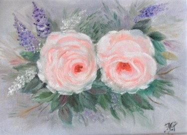 Painting titled "deux roses et lilas…" by Patricia Hyvernat, Original Artwork, Oil