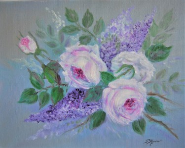 Painting titled "roses et lilas  - h…" by Patricia Hyvernat, Original Artwork, Oil