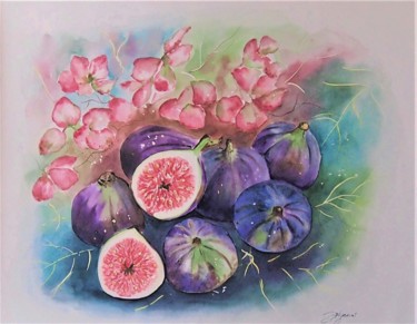 Painting titled "figues et fleurs d'…" by Patricia Hyvernat, Original Artwork, Watercolor