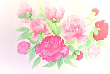 Malerei mit dem Titel "les pivoines -fleur…" von Patricia Hyvernat, Original-Kunstwerk, Aquarell