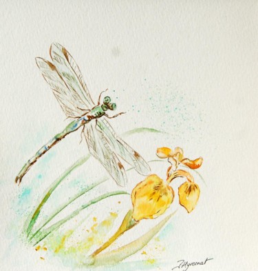 Peinture intitulée "libellule et iris d…" par Patricia Hyvernat, Œuvre d'art originale, Aquarelle