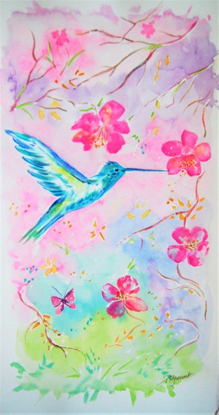 Ζωγραφική με τίτλο "colibri et fleurs r…" από Patricia Hyvernat, Αυθεντικά έργα τέχνης, Ακουαρέλα