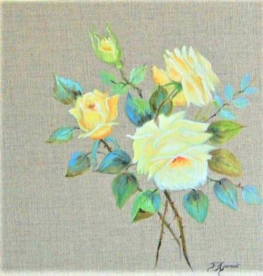 Painting titled "roses jaunes -  hui…" by Patricia Hyvernat, Original Artwork, Oil