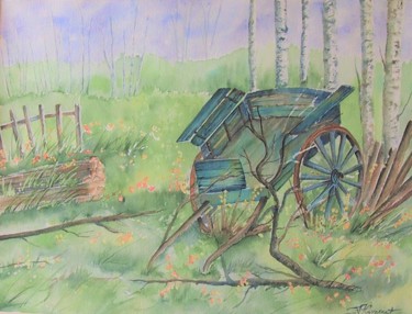 Pintura titulada "la charrette - aqua…" por Patricia Hyvernat, Obra de arte original, Acuarela