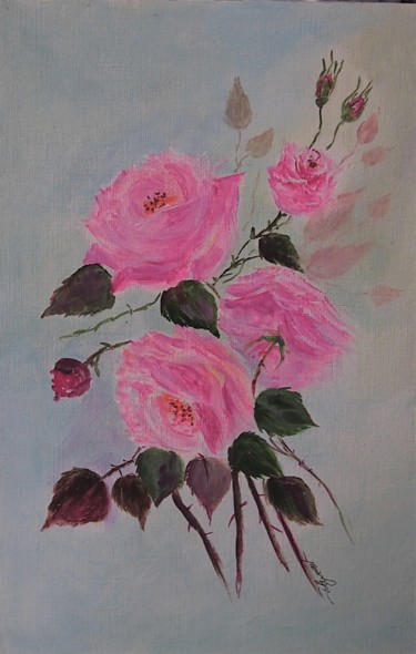 Картина под названием "roses II -  huile s…" - Patricia Hyvernat, Подлинное произведение искусства, Масло