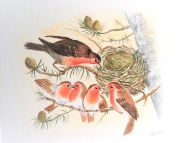 Painting titled "la famille rouge go…" by Patricia Hyvernat, Original Artwork, Watercolor