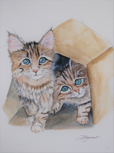 Painting titled "" jouer à chat" cha…" by Patricia Hyvernat, Original Artwork, Watercolor