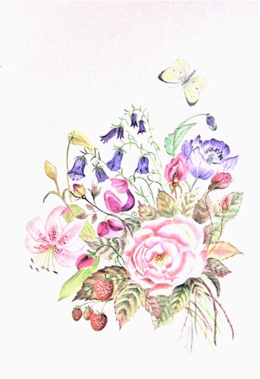 Painting titled "bouquet (rose et ma…" by Patricia Hyvernat, Original Artwork, Watercolor