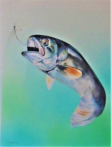 Malerei mit dem Titel "poisson attrapant u…" von Patricia Hyvernat, Original-Kunstwerk, Aquarell