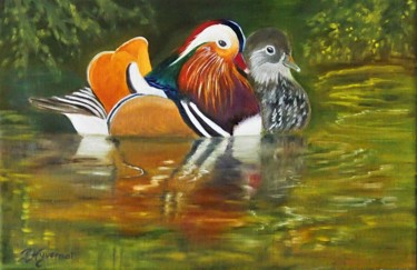 Painting titled "canards mandarins -…" by Patricia Hyvernat, Original Artwork, Oil Mounted on Wood Stretcher frame