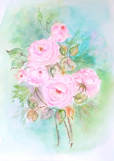 Painting titled "roses anciennes - a…" by Patricia Hyvernat, Original Artwork, Watercolor