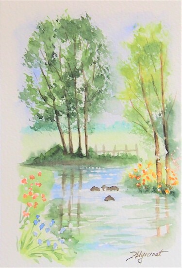 Pittura intitolato "la rivière - carte…" da Patricia Hyvernat, Opera d'arte originale, Acquarello
