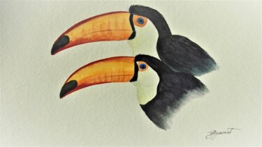 Painting titled "deux toucans - aqua…" by Patricia Hyvernat, Original Artwork, Watercolor