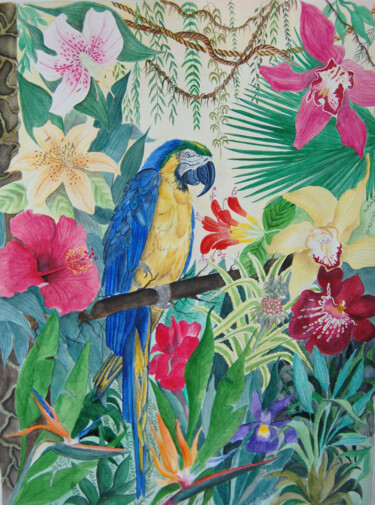 Pintura titulada "ara aux fleurs - aq…" por Patricia Hyvernat, Obra de arte original, Acuarela