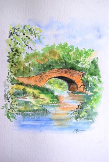 Peinture intitulée "le vieux pont - aqu…" par Patricia Hyvernat, Œuvre d'art originale, Aquarelle