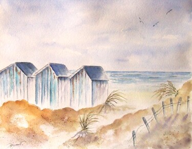 Peinture intitulée "les cabines de plag…" par Patricia Hyvernat, Œuvre d'art originale, Aquarelle