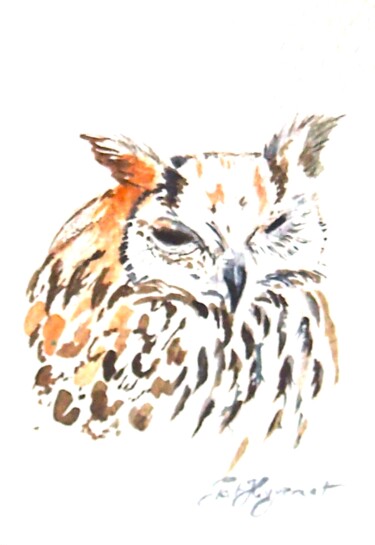 Malarstwo zatytułowany „grand duc - aquarel…” autorstwa Patricia Hyvernat, Oryginalna praca, Akwarela