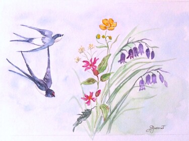 Peinture intitulée "hirondelles et fleu…" par Patricia Hyvernat, Œuvre d'art originale, Aquarelle
