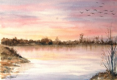 Painting titled "crepuscule sur l'ét…" by Patricia Hyvernat, Original Artwork, Watercolor