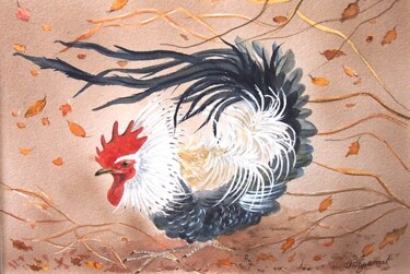Malerei mit dem Titel "coq dans le vent -…" von Patricia Hyvernat, Original-Kunstwerk, Aquarell