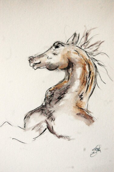 Peinture intitulée "cheval cabré - étud…" par Patricia Hyvernat, Œuvre d'art originale, Encre