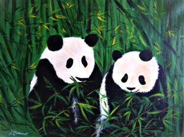 Malerei mit dem Titel "couple de pandas -…" von Patricia Hyvernat, Original-Kunstwerk, Acryl Auf Keilrahmen aus Holz montiert