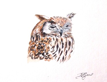 Painting titled "hibou grand duc end…" by Patricia Hyvernat, Original Artwork, Watercolor