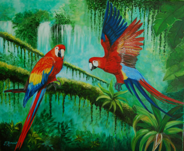 Schilderij getiteld "deux aras rouges  -…" door Patricia Hyvernat, Origineel Kunstwerk, Acryl