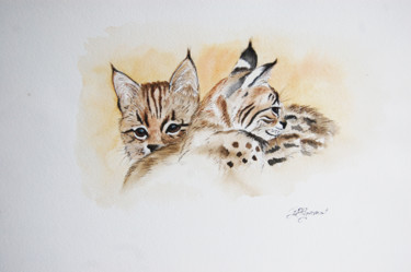 Malerei mit dem Titel "deux jeunes lynx -…" von Patricia Hyvernat, Original-Kunstwerk, Aquarell