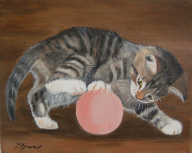 Malarstwo zatytułowany „tigris et sa balle-…” autorstwa Patricia Hyvernat, Oryginalna praca, Olej Zamontowany na Drewniana r…