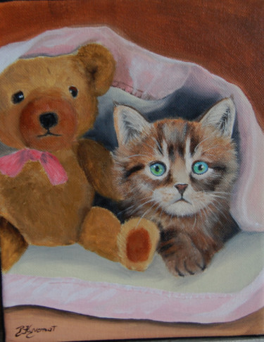 Painting titled "Lucky et son doudou…" by Patricia Hyvernat, Original Artwork, Acrylic Mounted on Wood Stretcher frame