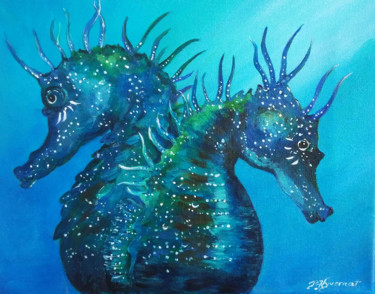 Pintura intitulada "les deux hippocampe…" por Patricia Hyvernat, Obras de arte originais, Acrílico Montado em Armação em mad…