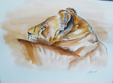 Disegno intitolato "lionne dessin crayo…" da Patricia Hyvernat, Opera d'arte originale, Inchiostro
