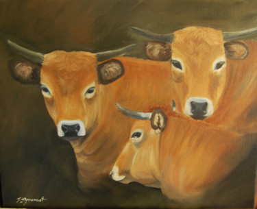 Painting titled "trois vaches de l'A…" by Patricia Hyvernat, Original Artwork, Oil Mounted on Wood Stretcher frame