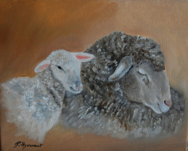 Painting titled "brebis et agneau- h…" by Patricia Hyvernat, Original Artwork, Oil Mounted on Wood Stretcher frame