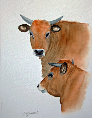 Peinture intitulée "vaches de l'aubrac…" par Patricia Hyvernat, Œuvre d'art originale, Aquarelle