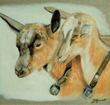 Painting titled "deux petites chèvre…" by Patricia Hyvernat, Original Artwork, Oil Mounted on Wood Stretcher frame