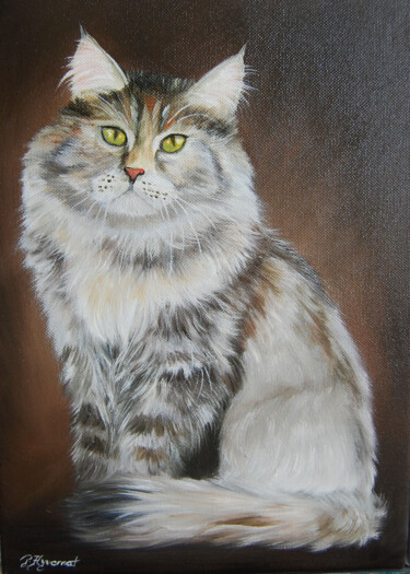 Painting titled "SILVER  CHAT MAINE…" by Patricia Hyvernat, Original Artwork, Oil