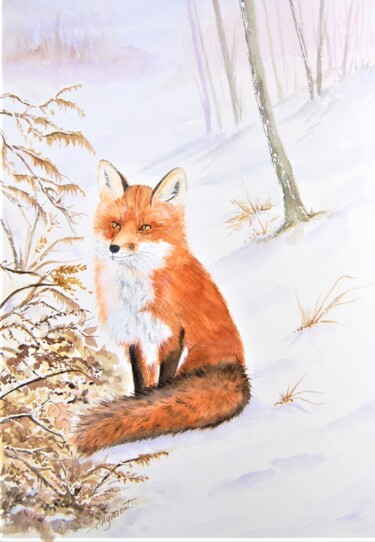 Картина под названием "renarde en hiver -…" - Patricia Hyvernat, Подлинное произведение искусства, Акварель