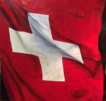 Painting titled "Drapeau Suisse  - d…" by Patricia Lei Ulvoas, Original Artwork, Oil