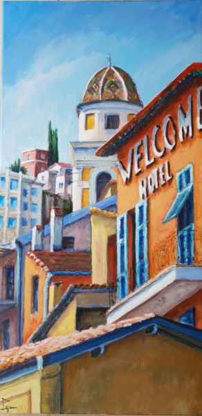 Painting titled "Sous le Welcome" by Patricia Lejeune, Original Artwork, Oil